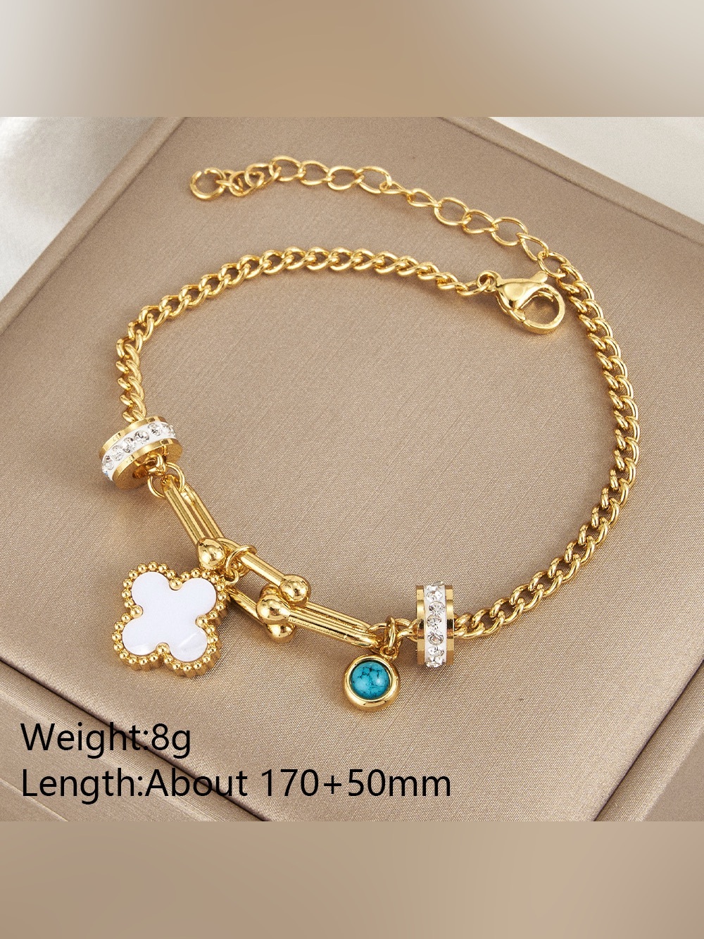 Bracelet Gold-tone Women’s Charm Bracelet with White Clover and Turquoise Accent